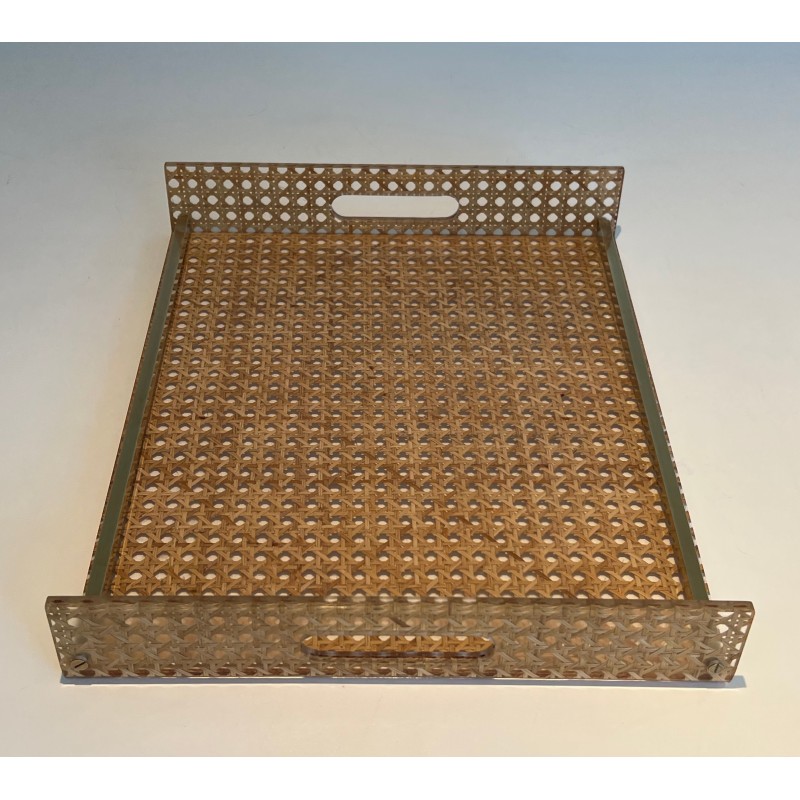 Lucite, Caned and Brass Serving Tray in the Style of Christian Dior and Gabriella Crespi, circa 1970