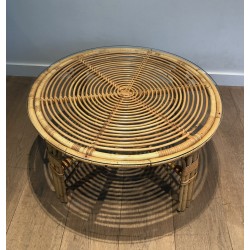Round Rattan Coffee Table, French Work, circa 1970