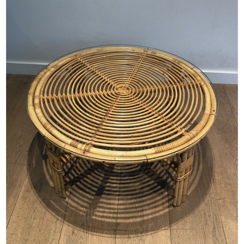 Table Basse Ronde en Rotin, Travail Français, Vers 1970