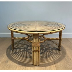 Round Rattan Coffee Table, French Work, circa 1970