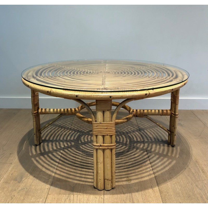 Table Basse Ronde en Rotin, Travail Français, Vers 1970