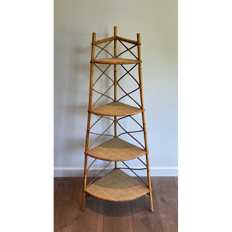 Corner Rattan Shelving Unit by Audoux-Minet, French Work, circa 1950