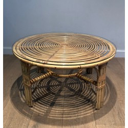 Round Rattan Coffee Table, French Work, circa 1970