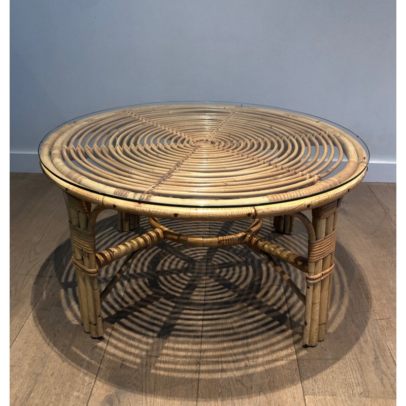 Round Rattan Coffee Table, French Work, circa 1970