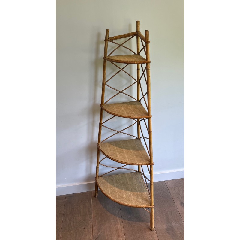 Corner Rattan Shelving Unit by Audoux-Minet, French Work, circa 1950