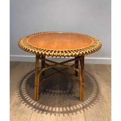 Table Basse Ronde en Rotin à Plateau de Bois dans le Goût de Franco Albini, Travail Italien, Vers 1950