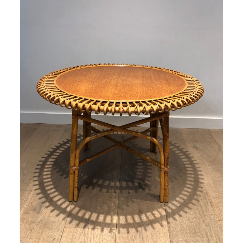 Round Rattan Coffee Table with Wooden Top in the Style of Franco Albini, Italian Work, circa 1950
