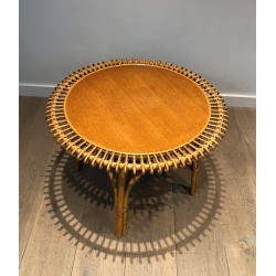 Round Rattan Coffee Table with Wooden Top in the Style of Franco Albini, Italian Work, circa 1950
