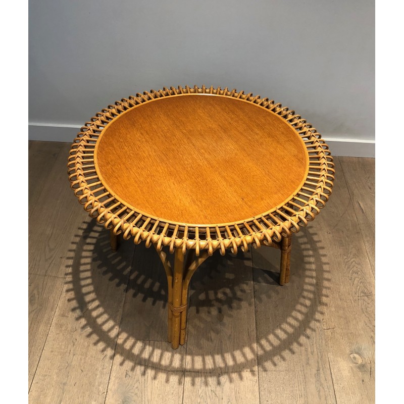 Round Rattan Coffee Table with Wooden Top in the Style of Franco Albini, Italian Work, circa 1950