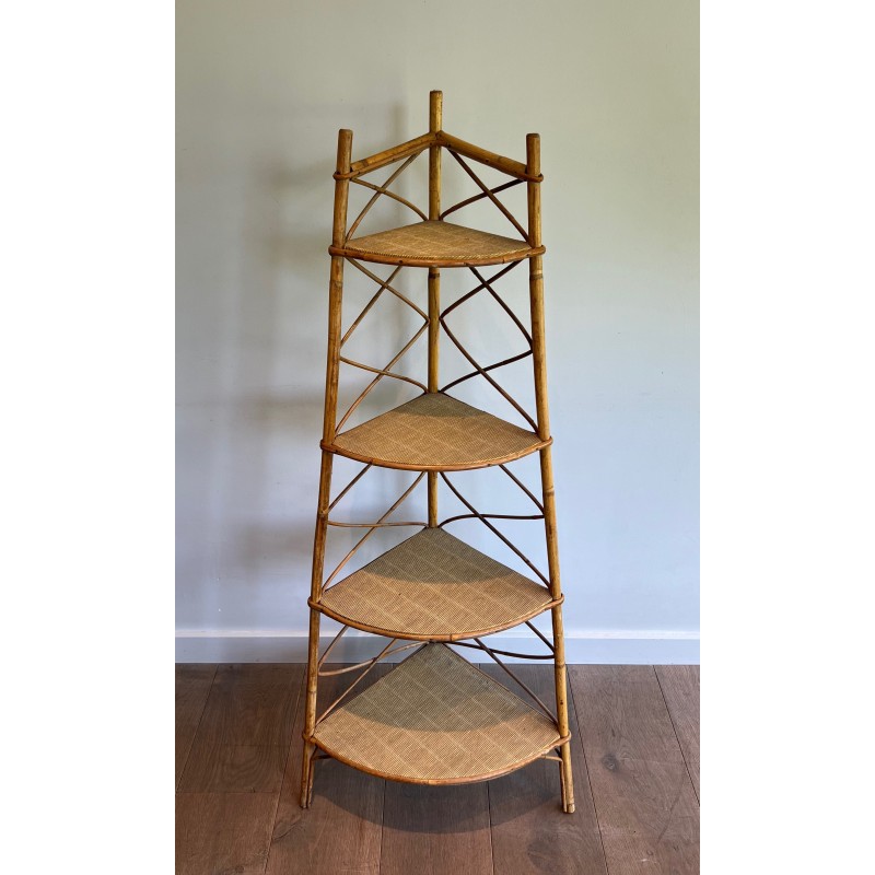 Corner Rattan Shelving Unit by Audoux-Minet, French Work, circa 1950