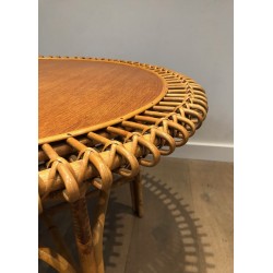 Table Basse Ronde en Rotin à Plateau de Bois dans le Goût de Franco Albini, Travail Italien, Vers 1950