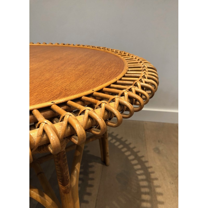 Round Rattan Coffee Table with Wooden Top in the Style of Franco Albini, Italian Work, circa 1950
