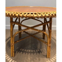 Round Rattan Coffee Table with Wooden Top in the Style of Franco Albini, Italian Work, circa 1950