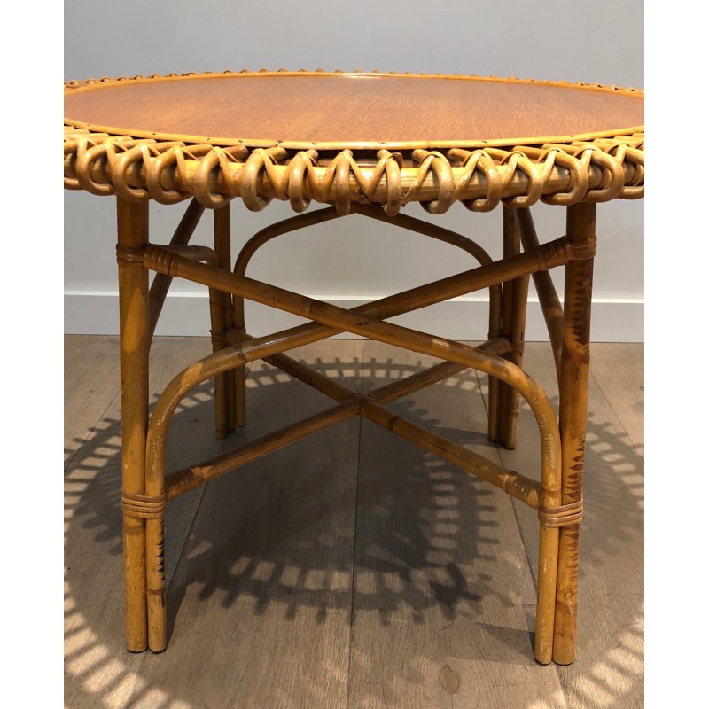 Table Basse Ronde en Rotin à Plateau de Bois dans le Goût de Franco Albini, Travail Italien, Vers 1950