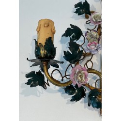 Pair of Art Déco Bronze and Porcelain Flower Wall Lights | French Work, circa 1940