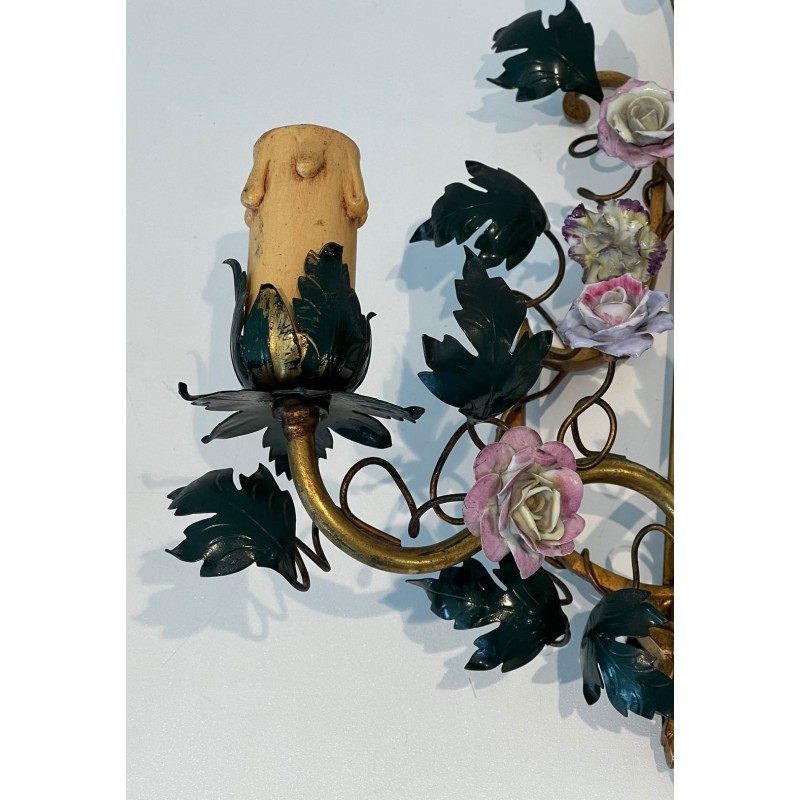 Paire d'Appliques Art Déco Bronze et Fleurs de Porcelaine | Travail Français, vers 1940
