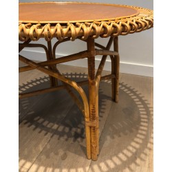 Table Basse Ronde en Rotin à Plateau de Bois dans le Goût de Franco Albini, Travail Italien, Vers 1950