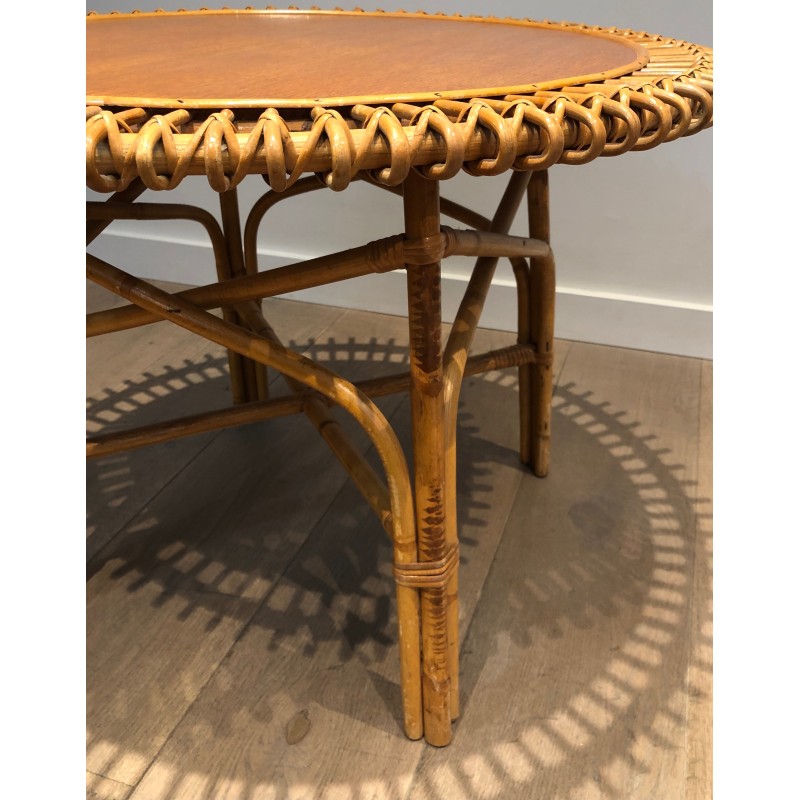 Table Basse Ronde en Rotin à Plateau de Bois dans le Goût de Franco Albini, Travail Italien, Vers 1950