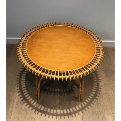 Table Basse Ronde en Rotin à Plateau de Bois dans le Goût de Franco Albini, Travail Italien, Vers 1950