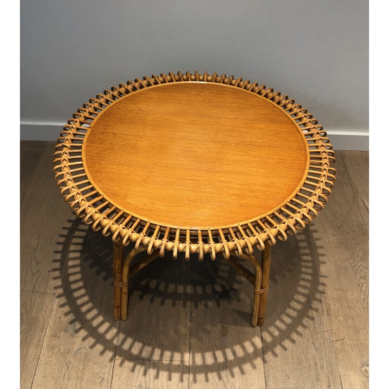 Table Basse Ronde en Rotin à Plateau de Bois dans le Goût de Franco Albini, Travail Italien, Vers 1950
