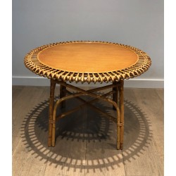 Table Basse Ronde en Rotin à Plateau de Bois dans le Goût de Franco Albini, Travail Italien, Vers 1950