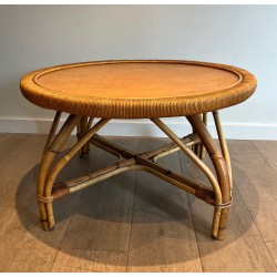 Round Rattan Coffee Table with Wooden Top Attributed to Audoux-Minet, French Work, circa 1950