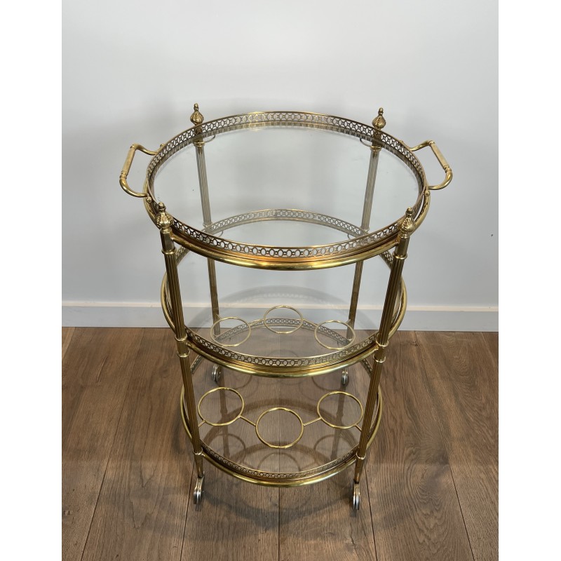 Neoclassical Three-Tier Round Brass Drinks Trolley Attributed to Maison Jansen, French Work, circa 1940