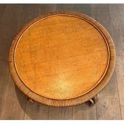 Round Rattan Coffee Table with Wooden Top Attributed to Audoux-Minet, French Work, circa 1950