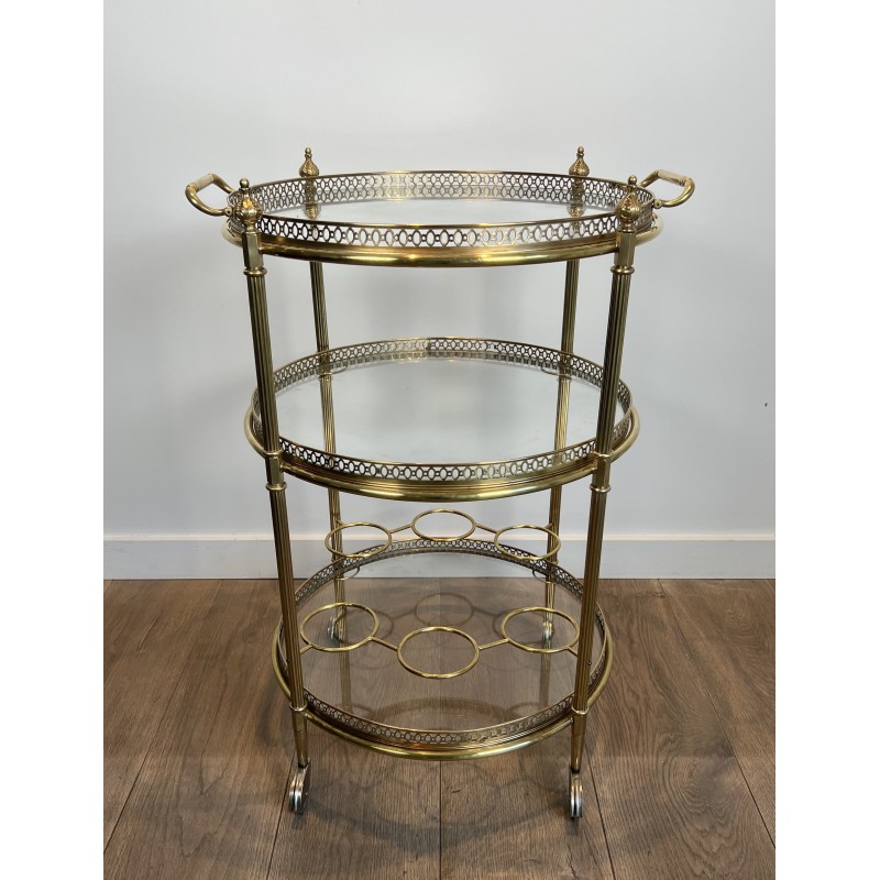 Neoclassical Three-Tier Round Brass Drinks Trolley Attributed to Maison Jansen, French Work, circa 1940