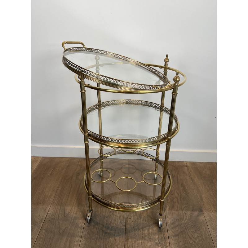 Neoclassical Three-Tier Round Brass Drinks Trolley Attributed to Maison Jansen, French Work, circa 1940