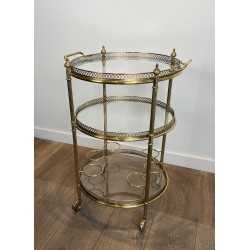 Neoclassical Three-Tier Round Brass Drinks Trolley Attributed to Maison Jansen, French Work, circa 1940