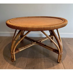 Table Basse Ronde en Rotin à Plateau de Bois Attribuée à Audoux-Minet, Travail Français, Vers 1950