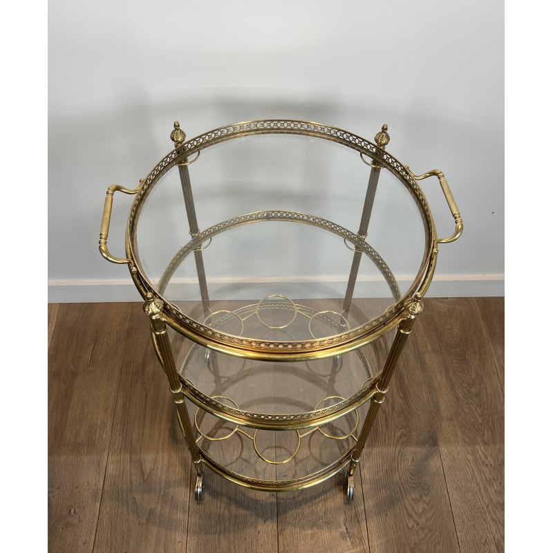 Neoclassical Three-Tier Round Brass Drinks Trolley Attributed to Maison Jansen, French Work, circa 1940