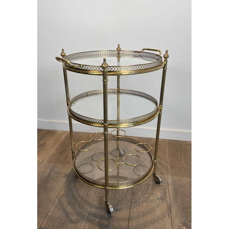 Neoclassical Three-Tier Round Brass Drinks Trolley Attributed to Maison Jansen, French Work, circa 1940