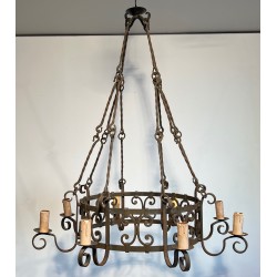 Important Wrought Iron Eight-Light Chandelier in the Gothic Style, French Work, circa 1940