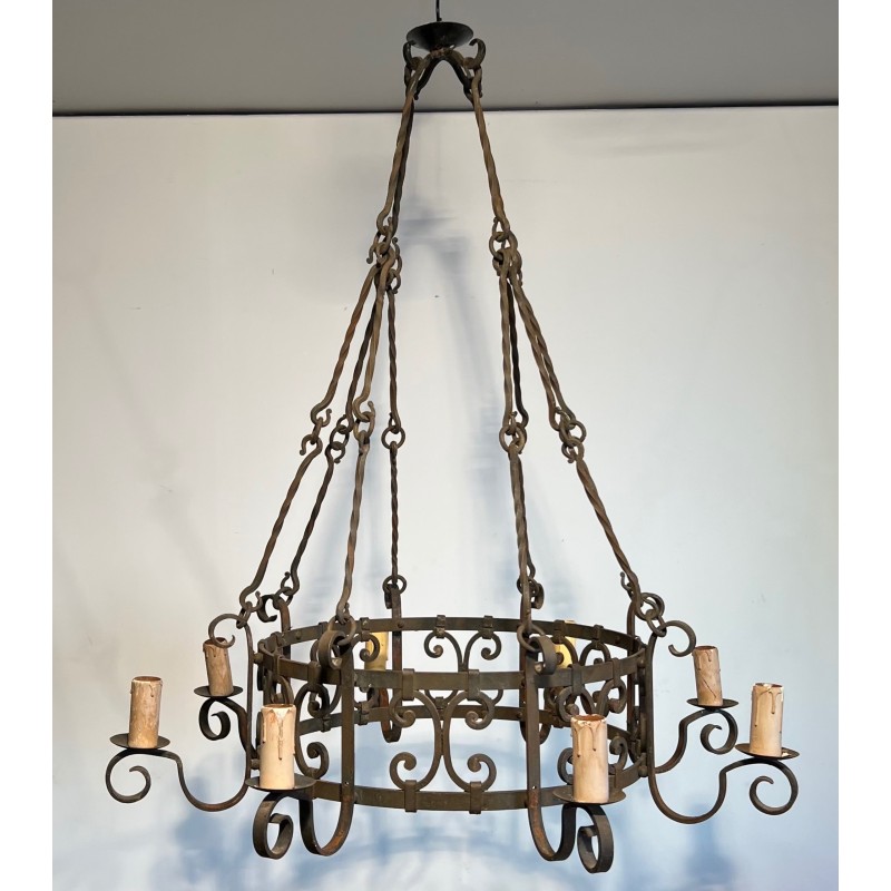 Important Wrought Iron Eight-Light Chandelier in the Gothic Style, French Work, circa 1940