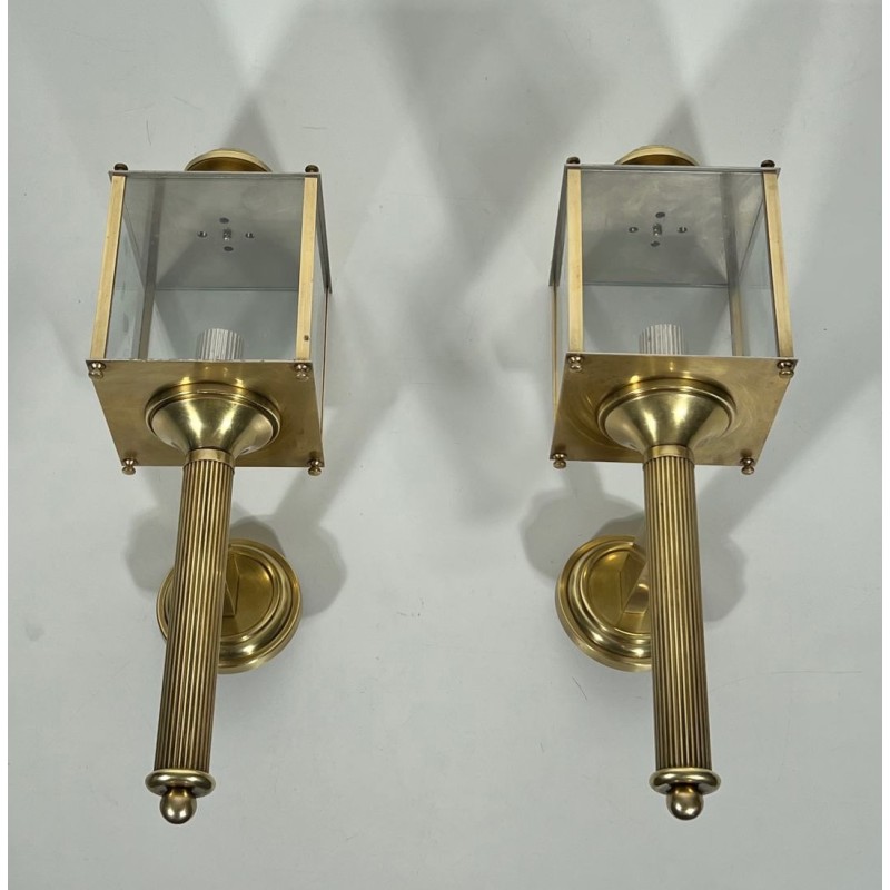 Pair of Neoclassical Style Brass Lanterns Wall Lights by Maison Jansen