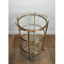 Neoclassical Three-Tier Round Brass Drinks Trolley Attributed to Maison Jansen, French Work, circa 1940