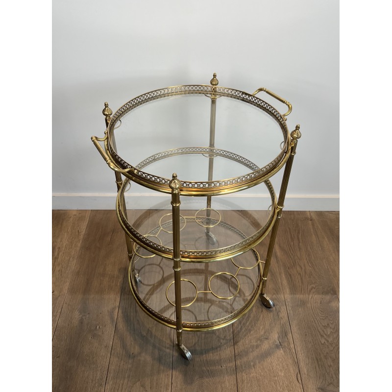 Neoclassical Three-Tier Round Brass Drinks Trolley Attributed to Maison Jansen, French Work, circa 1940