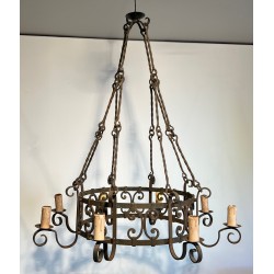 Important Wrought Iron Eight-Light Chandelier in the Gothic Style, French Work, circa 1940