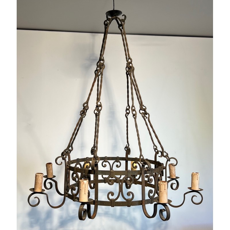 Important Wrought Iron Eight-Light Chandelier in the Gothic Style, French Work, circa 1940