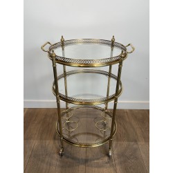 Neoclassical Three-Tier Round Brass Drinks Trolley Attributed to Maison Jansen, French Work, circa 1940