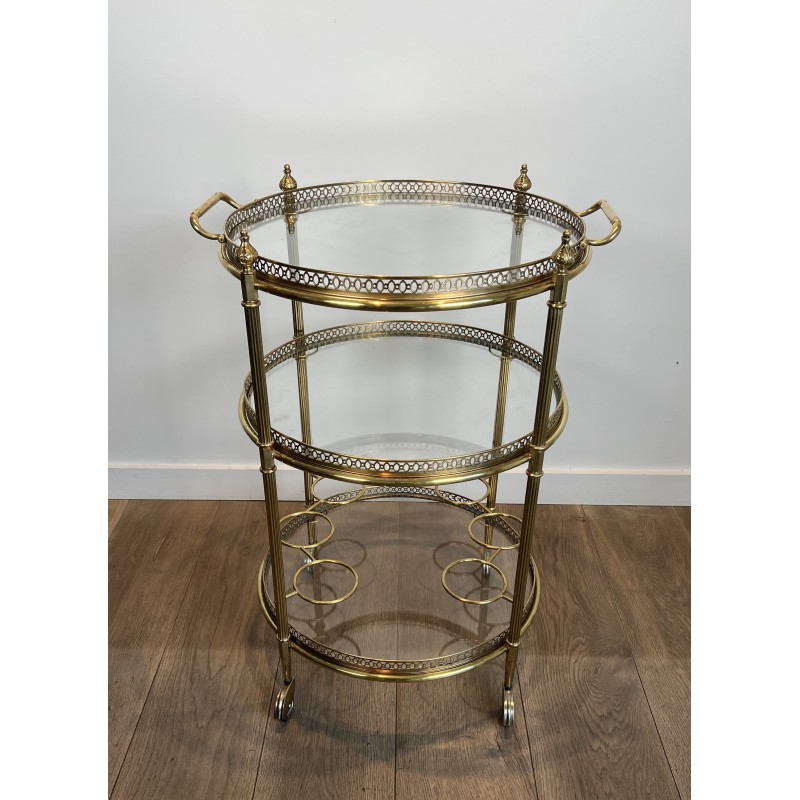 Neoclassical Three-Tier Round Brass Drinks Trolley Attributed to Maison Jansen, French Work, circa 1940