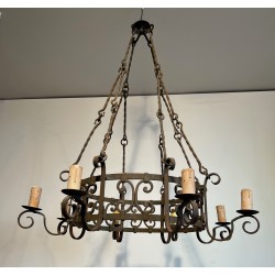 Important Wrought Iron Eight-Light Chandelier in the Gothic Style, French Work, circa 1940