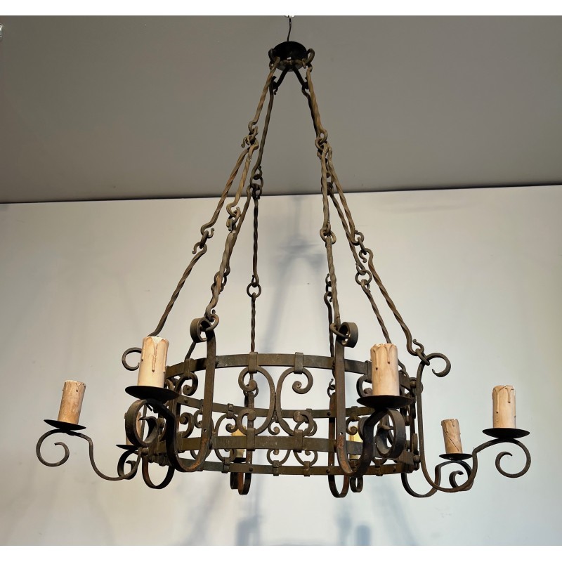 Important Wrought Iron Eight-Light Chandelier in the Gothic Style, French Work, circa 1940