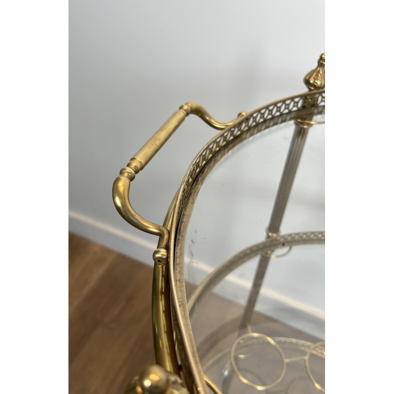 Neoclassical Three-Tier Round Brass Drinks Trolley Attributed to Maison Jansen, French Work, circa 1940