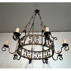 Important Wrought Iron Eight-Light Chandelier in the Gothic Style, French Work, circa 1940