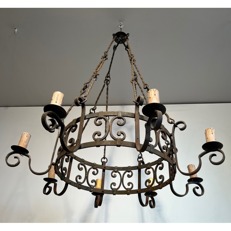 Important Wrought Iron Eight-Light Chandelier in the Gothic Style, French Work, circa 1940