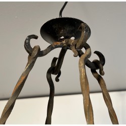 Important Wrought Iron Eight-Light Chandelier in the Gothic Style, French Work, circa 1940