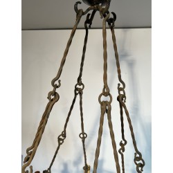 Important Wrought Iron Eight-Light Chandelier in the Gothic Style, French Work, circa 1940
